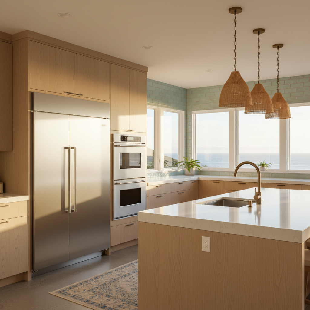 Upscale kitchen with integrated premium refrigerator and wall oven