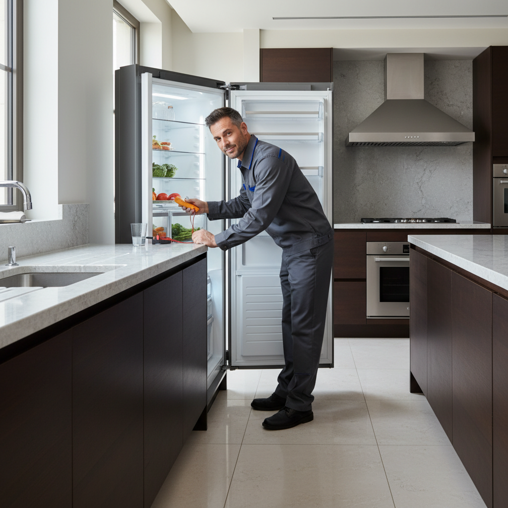 Professional appliance repair technician inspecting built-in refrigerator